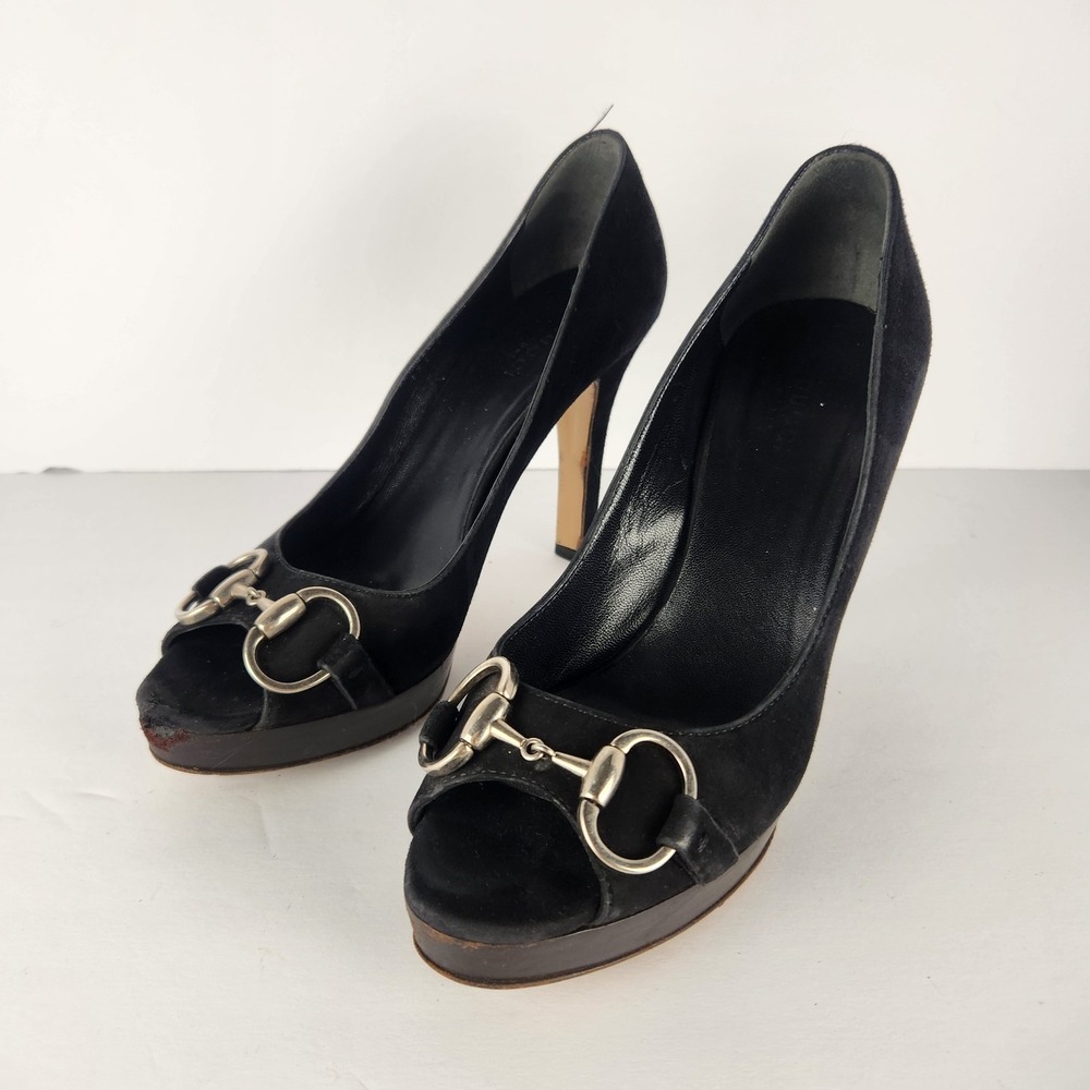 Gucci Hollywood Peep Toe Women's Elegant Classy‎ Pumps Black Suede Size 7B